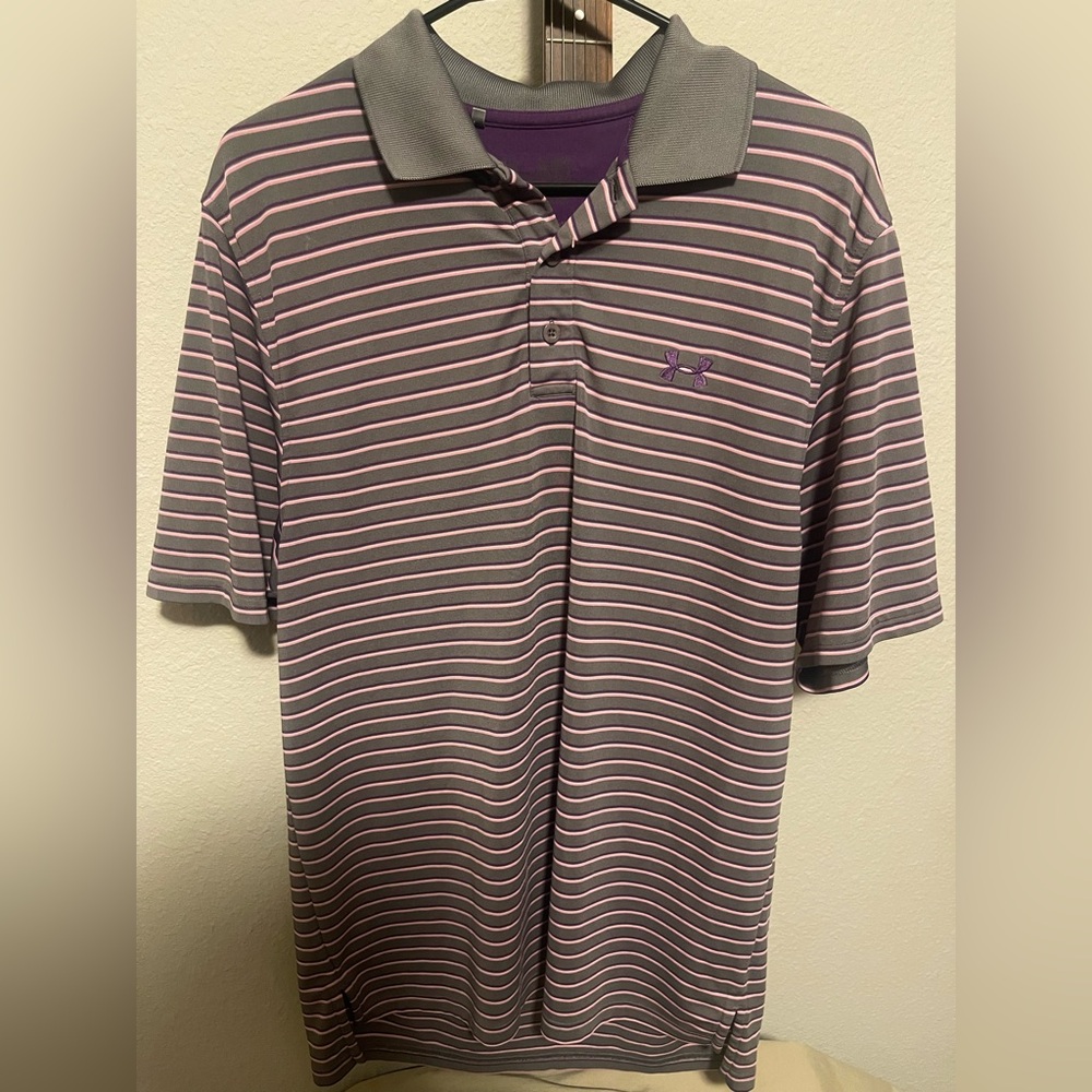 Under Armour Men's Polo Shirt - Gray and Pink Stripes